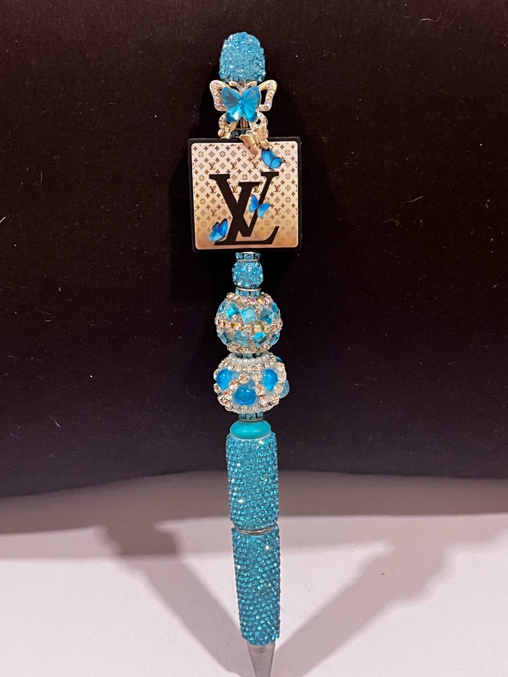 Designer inspired blue silicone butterfly themed focal fancy beaded pen
